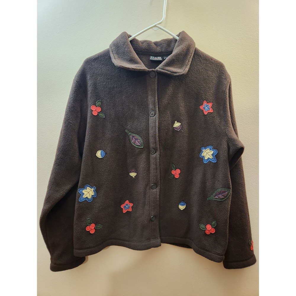 Vintage Croft & Barrow Grandmacore Fleece Embroidered SZ Large Leaves Acorns L